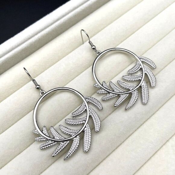Silver Round Circular Open Hoop Fern Leaf Dangling Drop Hook Earrings - Picture 5 of 8